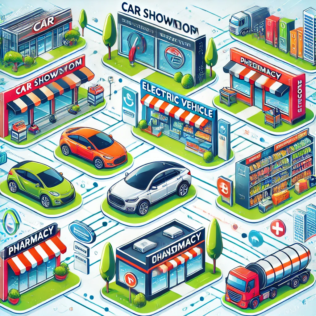 A vibrant and engaging illustration of various dealership businesses represented visually. The image includes elements such as a car showroom, an elec