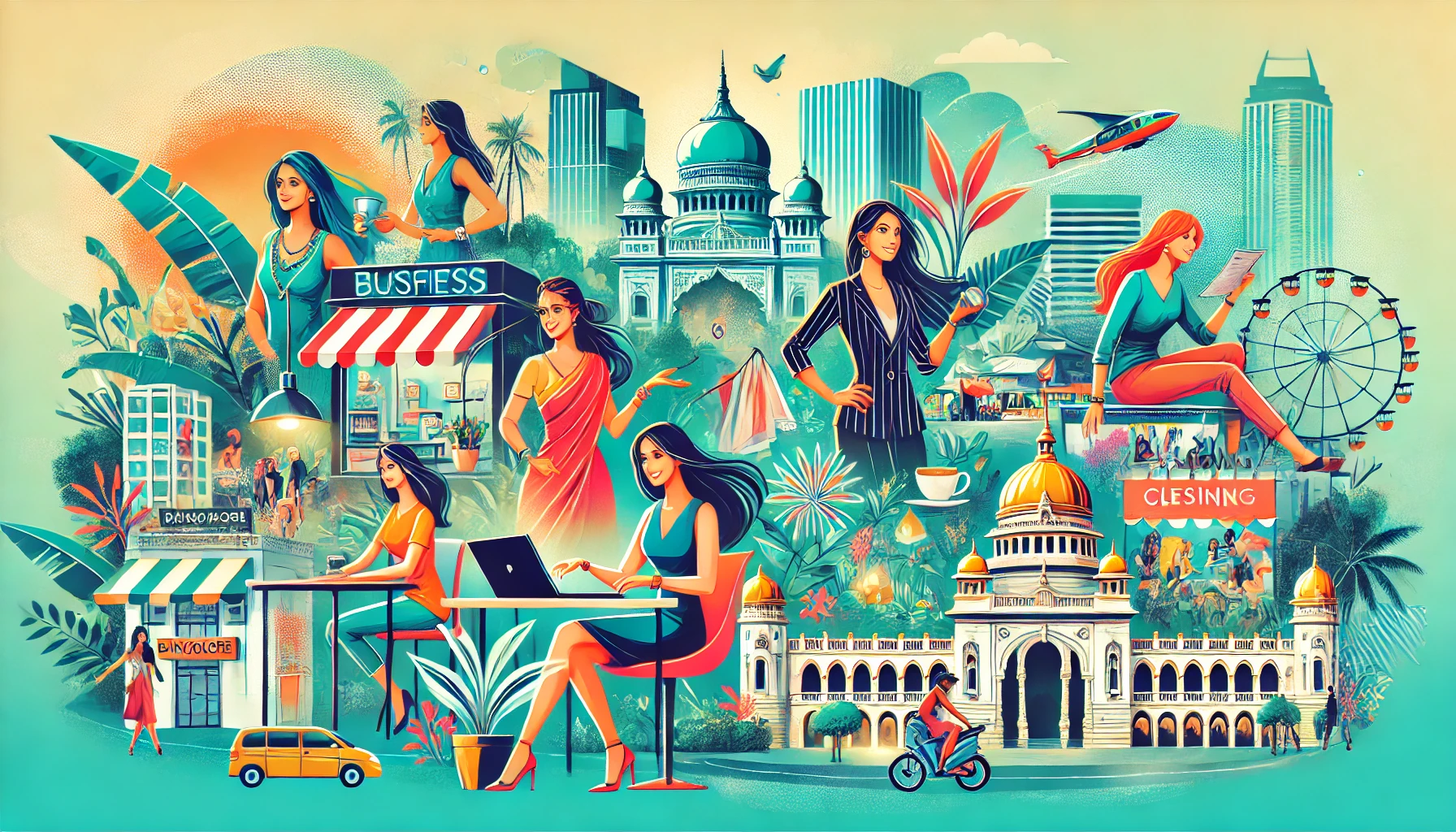 A vibrant and modern illustration featuring a group of women entrepreneurs in a dynamic urban setting of Bangalore. Highlight their diverse business