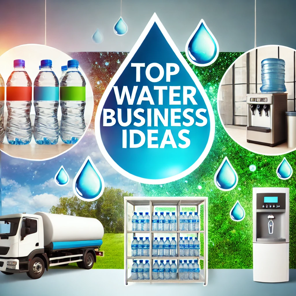 A vibrant and visually appealing image showcasing various water business ideas. The composition includes elements like bottled water, a water purifica
