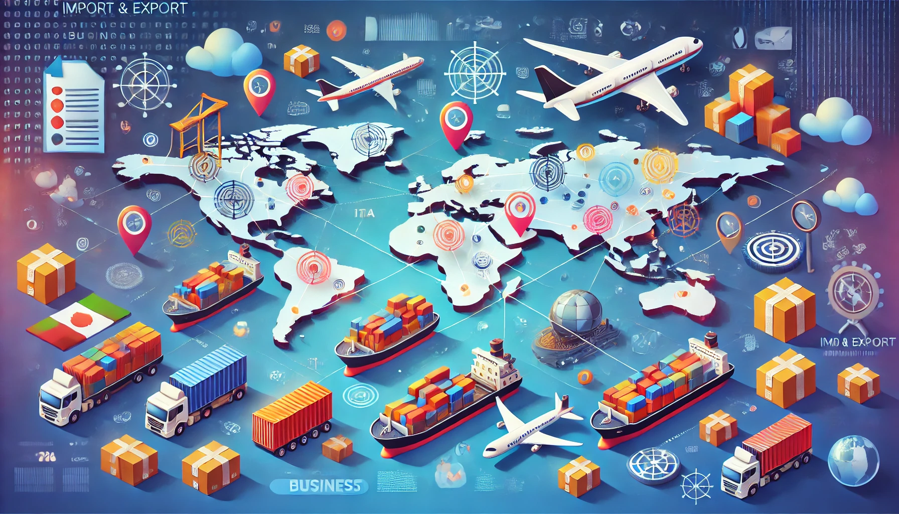 A visually engaging illustration representing import and export business ideas, featuring a world map with cargo ships, airplanes, and shipping contai