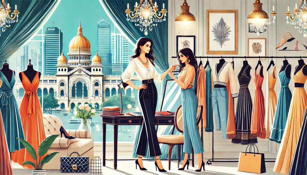 An elegant and stylish illustration showcasing a woman entrepreneur providing personal shopping and styling services in Bangalore. The scene includes An elegant and stylish illustration showcasing a woman entrepreneur providing personal shopping and styling services in Bangalore. The scene includes