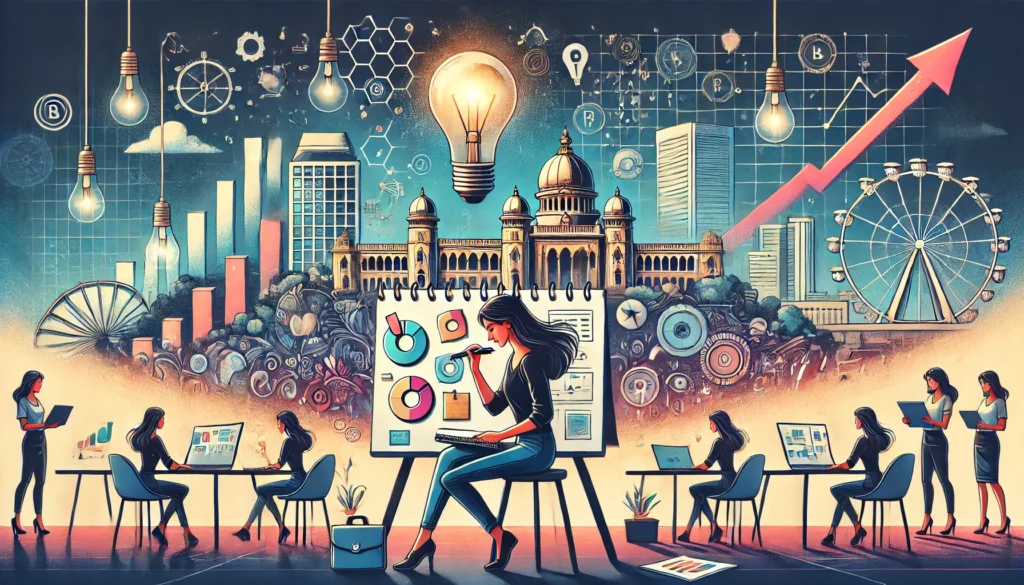 An inspiring and dynamic illustration representing the concept of turning business ideas into reality for women entrepreneurs in Bangalore An inspiring and dynamic illustration representing the concept of turning business ideas into reality for women entrepreneurs in Bangalore.