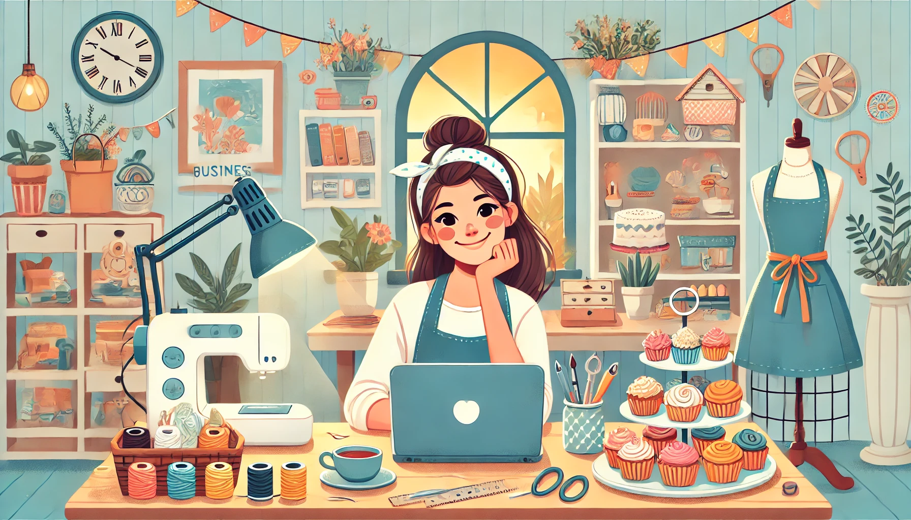An inviting illustration of a cheerful housewife working on various business ideas from her home. She is sitting at a table with a laptop, handmade