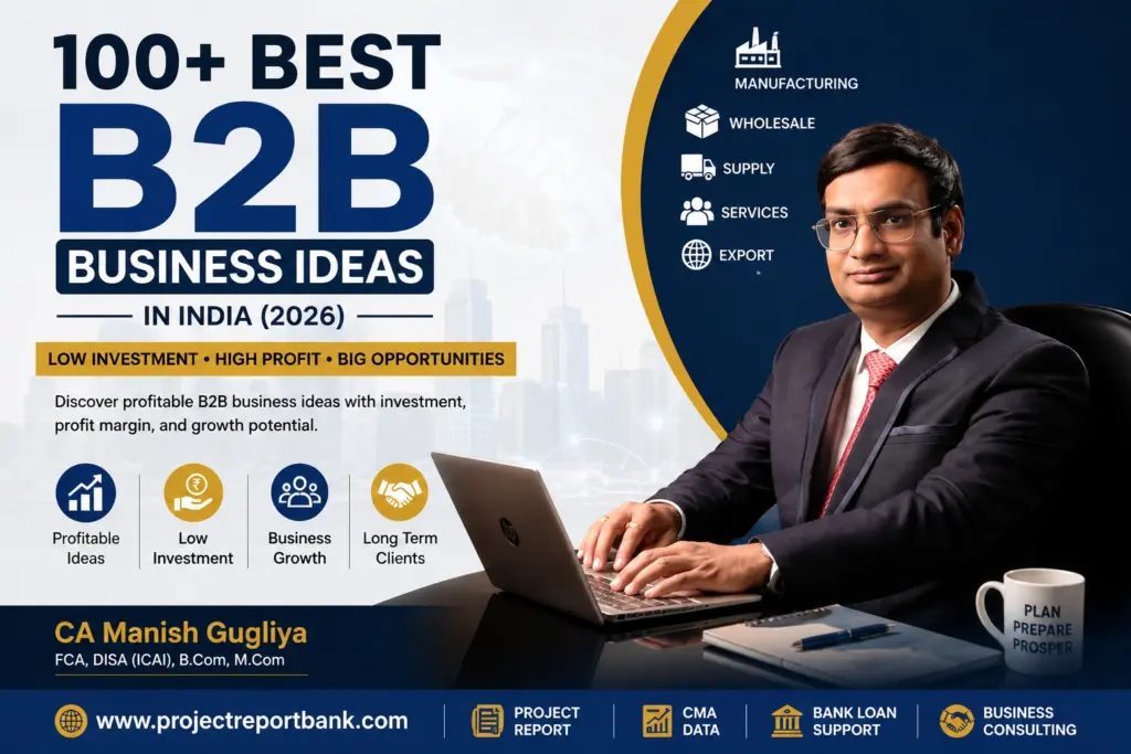 CA Manish Gugliya explaining 100+ best B2B business ideas in India 2026, including manufacturing, wholesale, supply, export, and service business opportunities on ProjectReportBank.com.