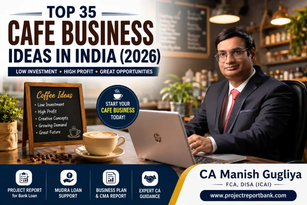 Top 35 Cafe Business Ideas in India 2026 featured image with coffee shop concept and CA Manish Gugliya, expert in project reports and business consulting.