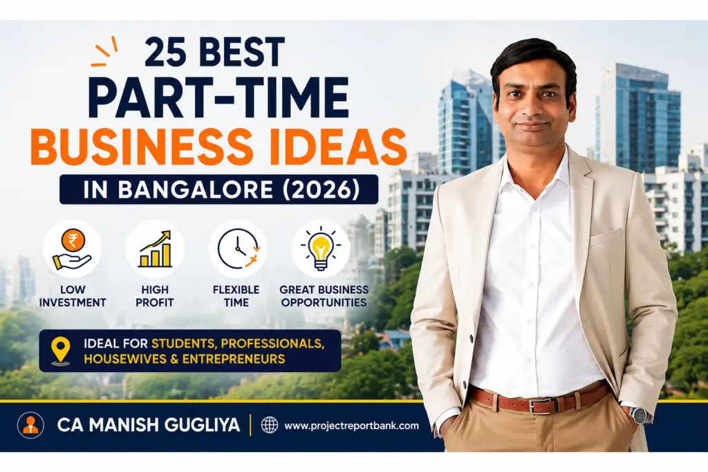 Part-Time Business Ideas in Bangalore 2026 featured image with CA Manish Gugliya highlighting low investment, high profit business opportunities for students, professionals, housewives, and entrepreneurs.