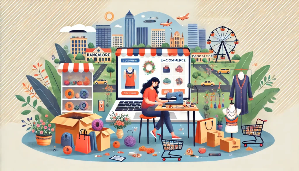a engaging illustration showcasing part time e commerce business ideas for handmade or curated products in Bangalore. The scene features a small home a engaging illustration showcasing part-time e-commerce business ideas for handmade or curated products in Bangalore. The scene features a small home