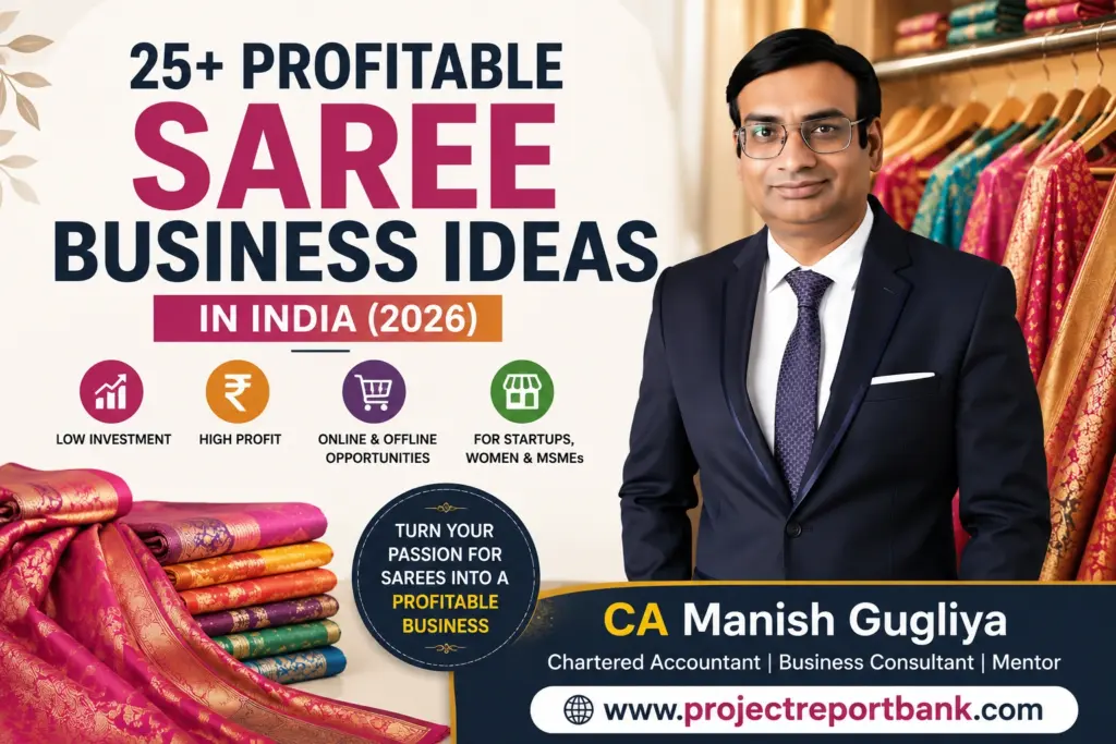 CA Manish Gugliya presenting profitable saree business ideas in India 2026 with colorful sarees, business opportunities, and ProjectReportBank branding.