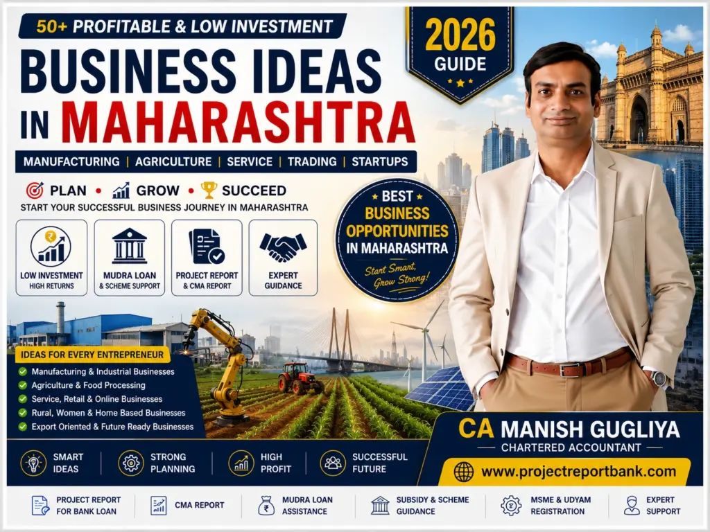 Business Ideas in Maharashtra 2026 by CA Manish Gugliya – 50+ profitable low investment business ideas with Mudra Loan and project report guidance