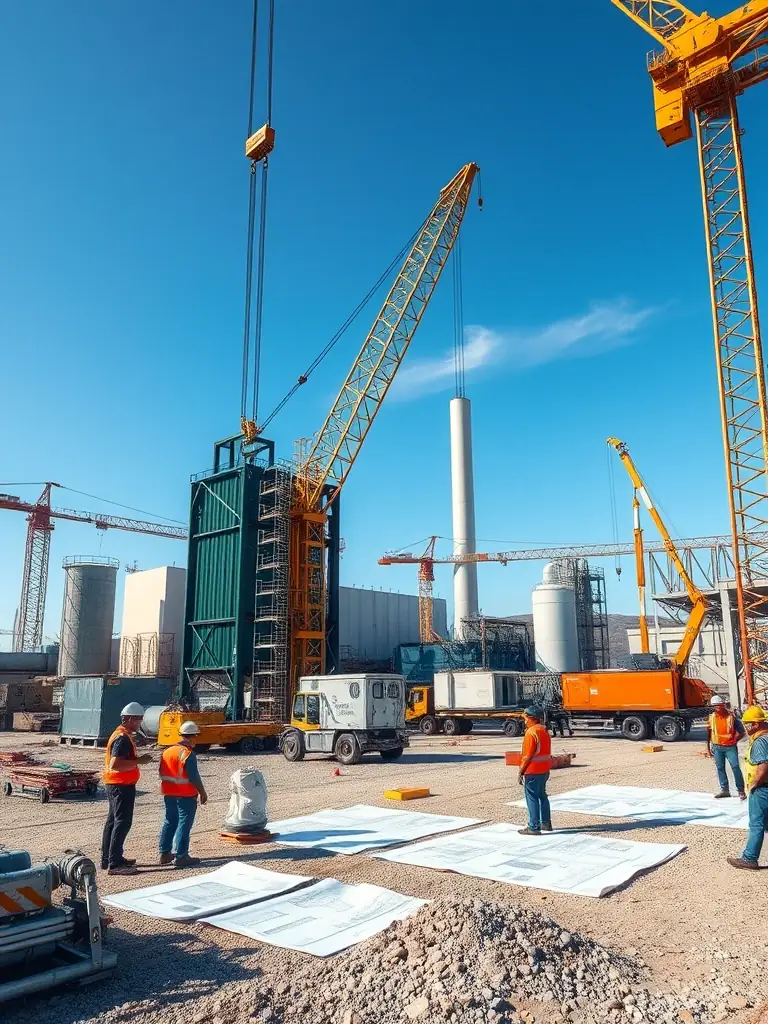 An image depicting the various stages of setting up an EV battery recycling plant, from site selection to equipment installation, highlighting key steps.