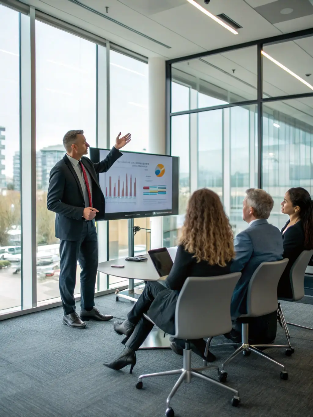 A person confidently presenting key findings from an executive summary, in a boardroom setting, emphasizing enhanced communication.