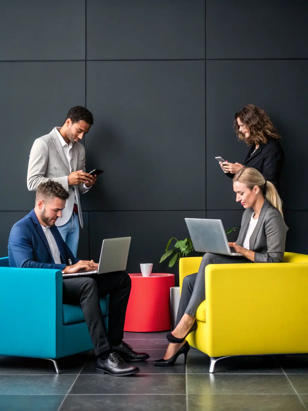 A professional efficiently managing multiple tasks with the help of executive summaries, in a busy office environment, showcasing increased efficiency.