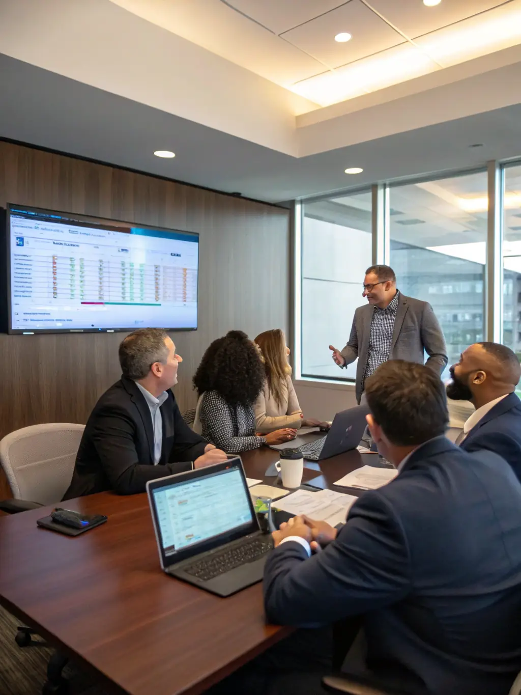 A business team making strategic decisions based on a clear executive summary, in a well-lit conference room, highlighting improved decision-making.