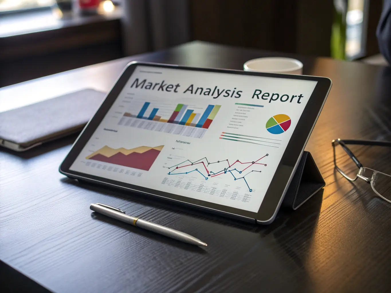 A detailed CMA data analysis report with highlighted key performance indicators, presented on a tablet with a calculator and financial documents in the background.