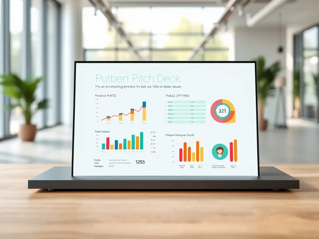 A sleek and modern pitch deck presentation on a laptop screen, featuring compelling visuals and concise financial data, in a boardroom setting.