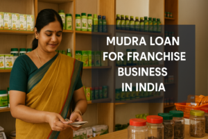 Indian woman in a mustard saree smiling while counting currency inside a herbal product shop, with the overlay text “Mudra Loan for Franchise Business in India” in bold sans-serif font on a semi-transparent dark box.