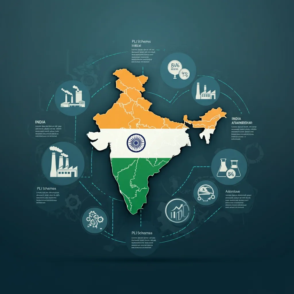 Government support visuals Infographic showing government support for specialty chemical industry with PLI schemes and Atmanirbhar Bharat initiative.