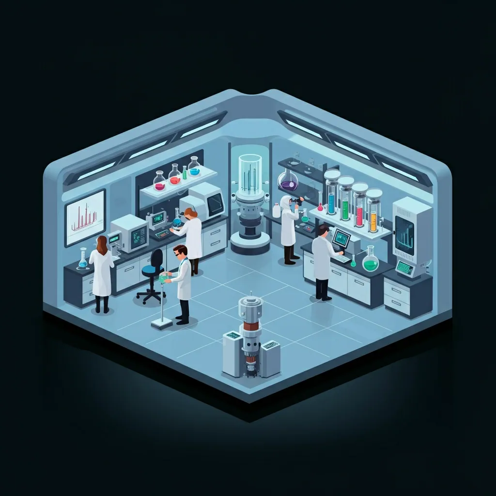 Laboratory innovation High-tech R&D lab with scientists working on chemical formulations.