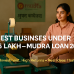 Indian woman using a packaging machine under Mudra Loan scheme, with text “Best Business Under ₹5 Lakh – Mudra Loan 2025” and Indian flag icon.