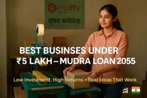 Indian woman using a packaging machine under Mudra Loan scheme, with text “Best Business Under ₹5 Lakh – Mudra Loan 2025” and Indian flag icon.
