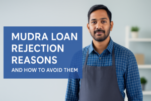 Indian entrepreneur in blue checkered shirt with apron, standing beside a centered blue text box reading “Mudra Loan Rejection Reasons and How to Avoid Them” in bold Montserrat font, against a clean, softly-lit office background.