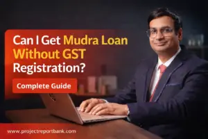 CA Manish Gugliya working on laptop explaining Mudra loan without GST registration guide for small business owners in India