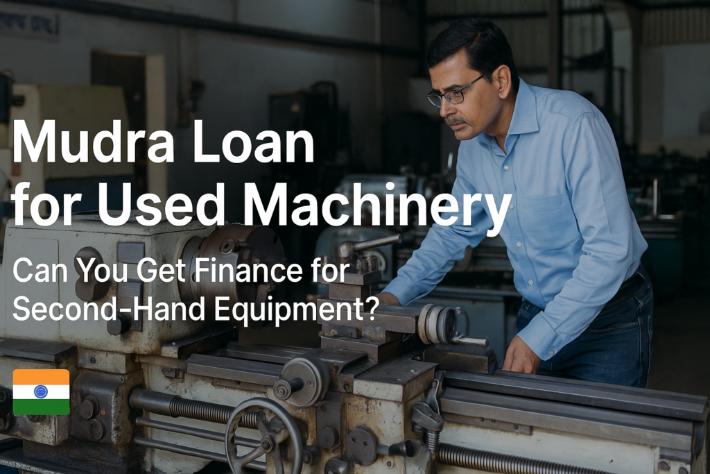Illustration showing a man standing next to used industrial machinery with the text "Mudra Loan on Used Machinery"