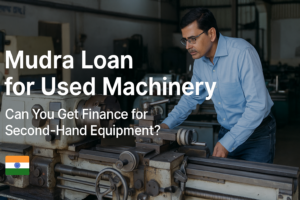 Illustration showing a man standing next to used industrial machinery with the text "Mudra Loan on Used Machinery"