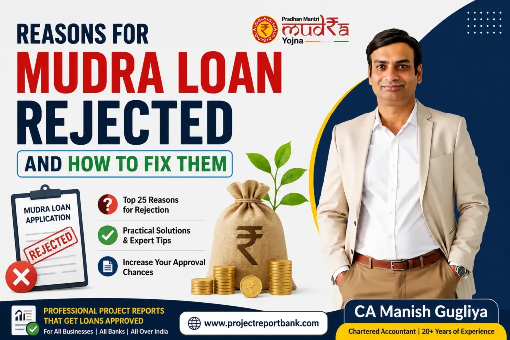 Reasons for Mudra Loan Rejected and How to Fix Them – CA Manish Gugliya explaining common Mudra loan rejection reasons, approval tips, and professional project report services for business loans in India.