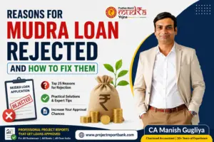 Reasons for Mudra Loan Rejected and How to Fix Them – CA Manish Gugliya explaining common Mudra loan rejection reasons, approval tips, and professional project report services for business loans in India.