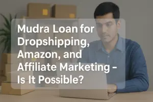 A focused young South Asian man working on a laptop at a clean, modern desk setup, with cardboard boxes and a shelf in the background, representing an online business environment. The image includes an overlay text box that reads: "Mudra Loan for Dropshipping, Amazon, and Affiliate Marketing – Is It Possible?" in bold, professional font, conveying the theme of digital entrepreneurship in India.