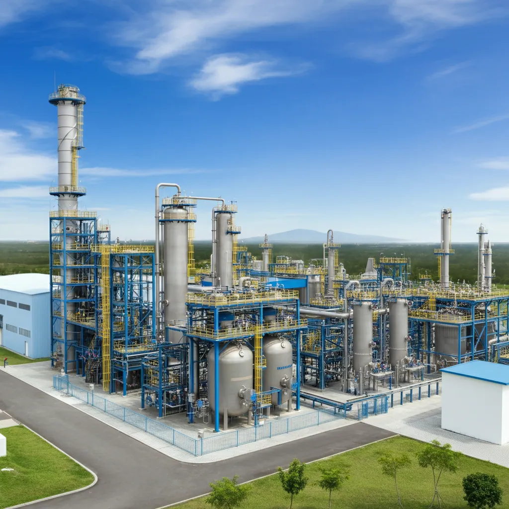 Modern specialty chemical plant with advanced machinery, eco-friendly design, and safety features.