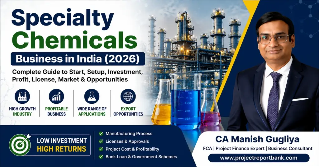 Specialty Chemicals Business in India 2026 featured image showing chemical manufacturing plant, laboratory glassware, and CA Manish Gugliya with complete guide on investment, profit margin, licenses, project report, and export opportunities.