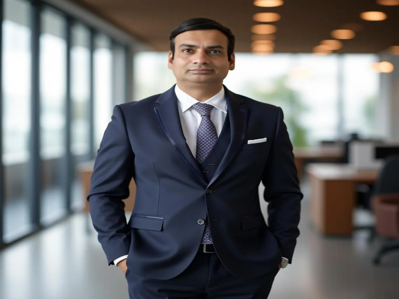 A professional headshot of CA Manish Gugliya, smiling confidently, in a well-lit office setting with financial documents subtly visible in the background, symbolizing trust and expertise.