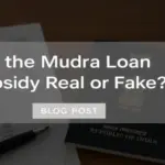 A clean and professional blog post feature image showing an Indian passport, a pen, and a financial report on a wooden desk, with the text "Is the Mudra Loan Subsidy Real or Fake?" centered in bold white font over a semi-transparent overlay, conveying trust and authority.