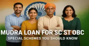 A group of four confident Indian individuals from SC, ST, and OBC communities standing proudly against an Indian flag background. The image includes clean, bold text that reads "MUDRA LOAN FOR SC ST OBC – SPECIAL SCHEMES YOU SHOULD KNOW," representing inclusivity, empowerment, and government support for marginalized entrepreneurs.