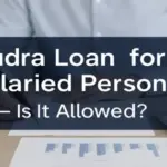 A professional Indian office setup showing a salaried person writing on a financial report with Indian currency, calculator, and bar graph on the desk. A clean dark overlay box contains the heading: "Mudra Loan for Salaried Person – Is It Allowed?" in bold Montserrat font, centered and padded.
