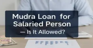 A professional Indian office setup showing a salaried person writing on a financial report with Indian currency, calculator, and bar graph on the desk. A clean dark overlay box contains the heading: "Mudra Loan for Salaried Person – Is It Allowed?" in bold Montserrat font, centered and padded.