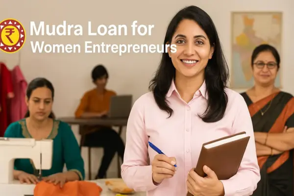 A professional image showing confident Indian women entrepreneurs in a workspace. One woman is holding a notebook and pen, others are working on a sewing machine and computer, with a map of India in the background. Text reads “Mudra Loan for Women Entrepreneurs” with the Mudra logo, designed cleanly with Indian elements and proper padding.