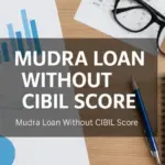 A professional blog post image for 'Mudra Loan Without CIBIL Score' showing financial documents, graphs with Indian Rupee symbols, a pen, glasses, and a notebook placed neatly on a wooden office table background, conveying trust and clarity.