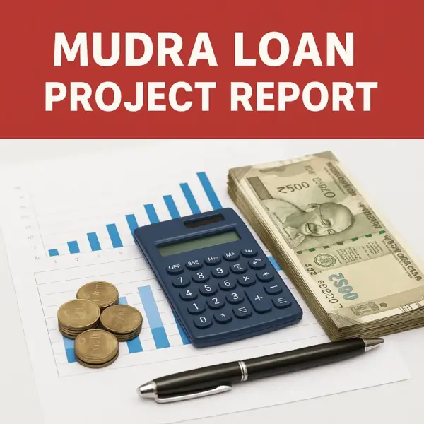 Cover image for Mudra Loan Project Report featuring a red header with bold white text, a bar graph, a blue calculator, Indian rupee coins, a stack of ₹500 notes, and a black pen placed on a financial document background.