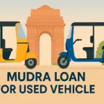 Professional banner image showing an auto-rickshaw and e-rickshaw in front of an iconic Indian monument, promoting Mudra Loan for Used Vehicles in India, with centered text and clean design.