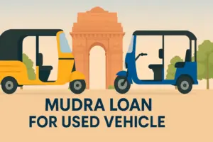 Professional banner image showing an auto-rickshaw and e-rickshaw in front of an iconic Indian monument, promoting Mudra Loan for Used Vehicles in India, with centered text and clean design.