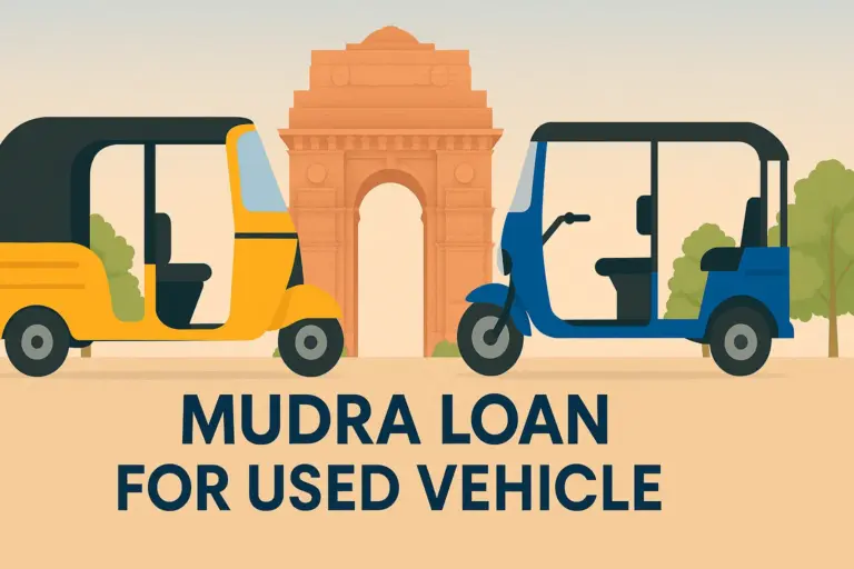 Professional banner image showing an auto-rickshaw and e-rickshaw in front of an iconic Indian monument, promoting Mudra Loan for Used Vehicles in India, with centered text and clean design.