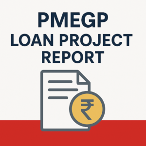 PMEGP Loan Project Report promotional image featuring a document icon with a rupee symbol, bold title text above, and a red footer bar for emphasis.