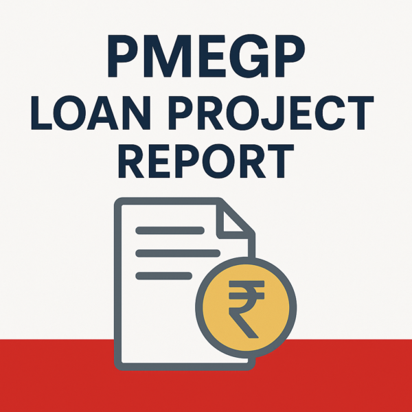 PMEGP Loan Project Report promotional image featuring a document icon with a rupee symbol, bold title text above, and a red footer bar for emphasis.