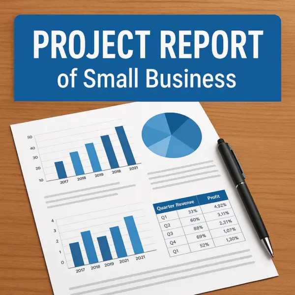 Project Report of Small Business displayed on a wooden desk with financial charts, graphs, and a black pen placed over the report.