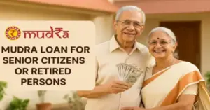 An elderly Indian couple stands smiling in front of their home. The man, dressed in a cream shirt, holds a fan of ₹500 notes, while the woman in a traditional cream and gold saree smiles beside him. On the left side of the image, a clean beige overlay features the Mudra logo and the bold text “MUDRA LOAN FOR SENIOR CITIZENS OR RETIRED PERSONS,” designed with ample padding and a professional, trustworthy look.
