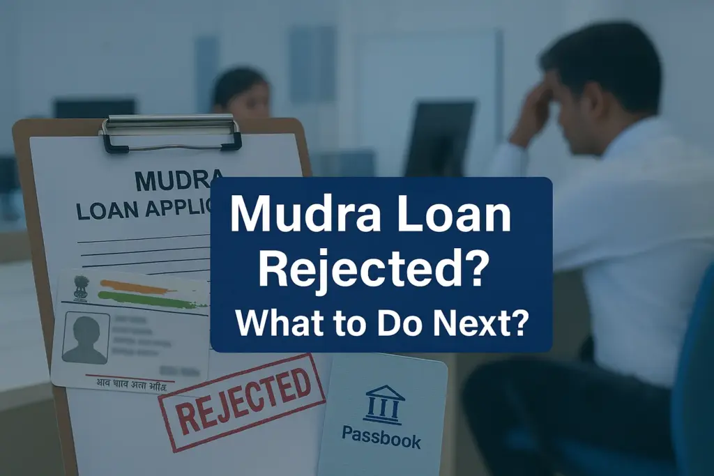 A Mudra Loan application form with an Aadhaar card and a red "REJECTED" stamp, alongside a bank passbook, with a stressed man sitting in the background—highlighting the concept of Mudra Loan rejection and the need for guidance on next steps.