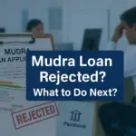 A Mudra Loan application form with an Aadhaar card and a red "REJECTED" stamp, alongside a bank passbook, with a stressed man sitting in the background—highlighting the concept of Mudra Loan rejection and the need for guidance on next steps.